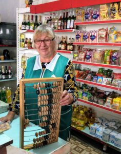 Tanja, from the grocery store in Chitscany, some 5 Km south of Tiraspol --- they obviously use an electronic calculator nowadays, but when i said i’m a mathematician she wanted to show me their old abacus --- there was also something quite emotional about her late grandmother and Brazil which i couldn’t quite understand (Transnistria, May '17)