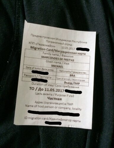 my (hopefully redacted enough) immigration slip (Transnistria, May '17)