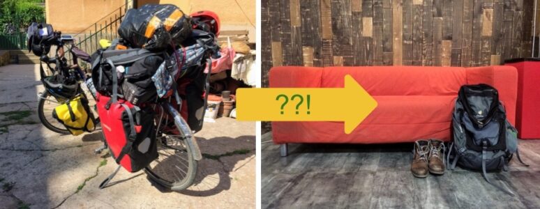 my cycle touring rig on April 2nd, 2017 (the first day of my 154-day long journey across Eastern Europe and Scandinavia) and my 32-liter backpack (which you might be able to spot constituting a tiny fraction of the rig!)